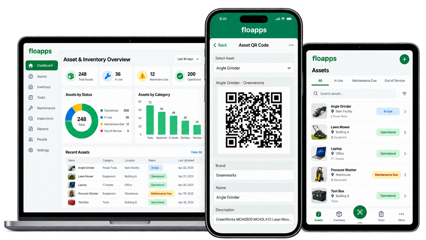 FloApps QR code asset form on a mobile device, asset and inventory dashboard, and equipment records across devices