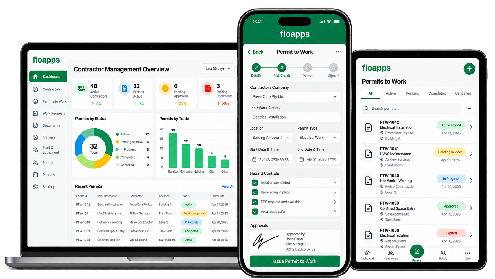 FloApps contractor management dashboard, mobile Permit to Work form and permit status records